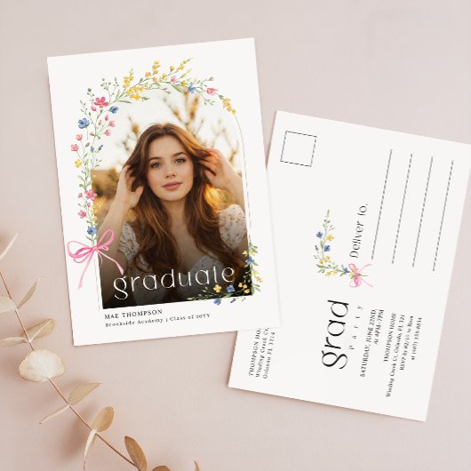 Pink Bow Wildflower Photo Grad Party Invitation ポストカード