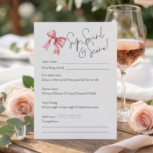 PInk Bow Wine Tasting Bridal Shower Score Card 招待状