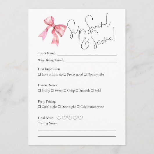 PInk Bow Wine Tasting Bridal Shower Score Card 招待状 (正面)