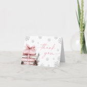 Pink Bow Winter Baby Shower, A New Chapter Begins サンキューカード (正面)