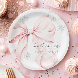 Pink Bow Winter Baby Shower Party Paper Plate ペーパープレート