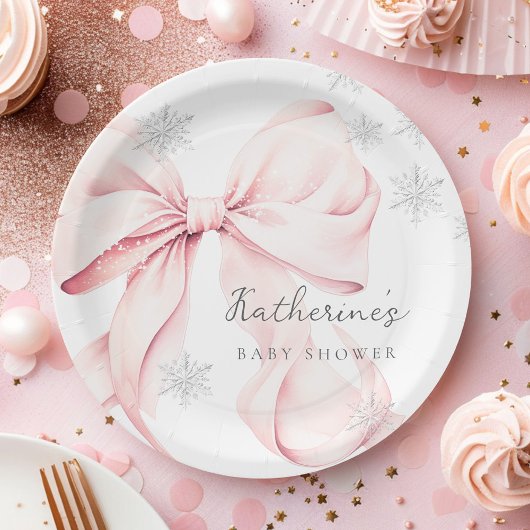 Pink Bow Winter Baby Shower Party Paper Plate ペーパープレート