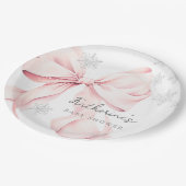 Pink Bow Winter Baby Shower Party Paper Plate ペーパープレート (アングル)
