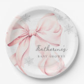 Pink Bow Winter Baby Shower Party Paper Plate ペーパープレート (正面)
