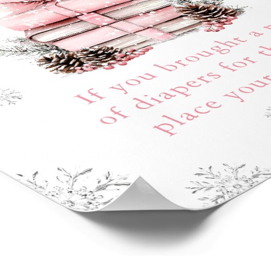 Pink Bow Winter Books Baby Shower Diaper Raffle  ポスター (角)