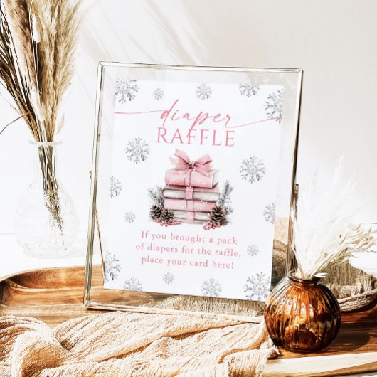 Pink Bow Winter Books Baby Shower Diaper Raffle ポスター