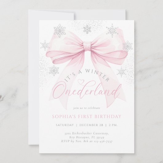 Pink Bow Winter First Birthday 招待状 (正面)