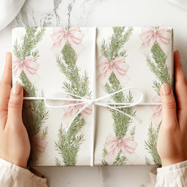 Pink Bow Winter Green Wrapping Paper ラッピングペーパー