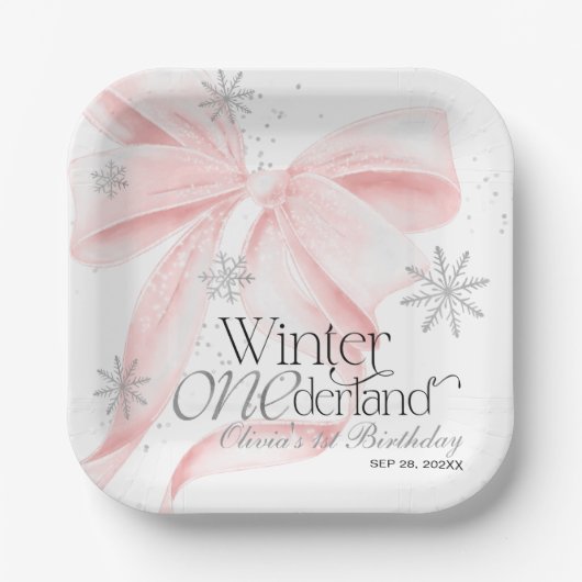 Pink Bow Winter Onederland 1st Birthday ペーパープレート (正面)
