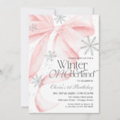 Pink Bow Winter Onederland 1st Birthday 招待状 (正面)