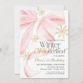 Pink Bow Winter Onederland 1st Birthday 招待状 (正面)