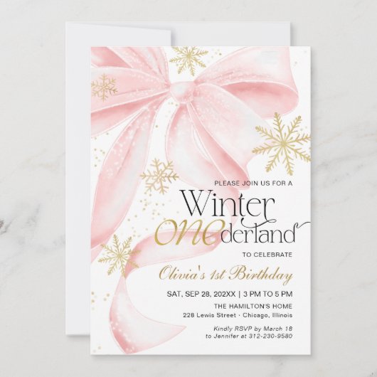 Pink Bow Winter Onederland 1st Birthday 招待状 (正面)