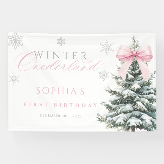 Pink Bow Winter Onederland First Birthday Banner 横断幕 (横)