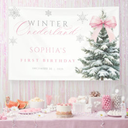 Pink Bow Winter Onederland First Birthday Banner 横断幕