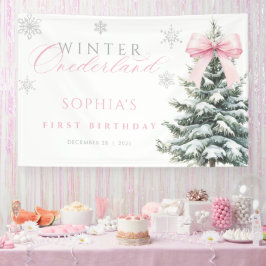 Pink Bow Winter Onederland First Birthday Banner 横断幕