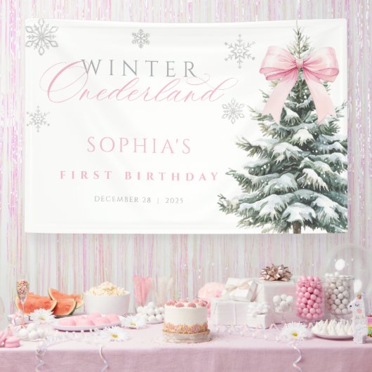 Pink Bow Winter Onederland First Birthday Banner 横断幕 (パーティー)