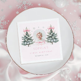 Pink Bow Winter Onederland First Birthday Napkins スタンダードカクテルナプキン