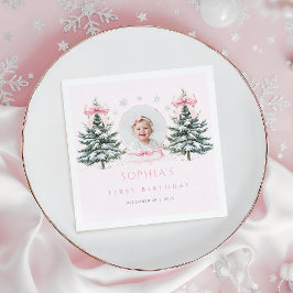 Pink Bow Winter Onederland First Birthday Napkins スタンダードカクテルナプキン