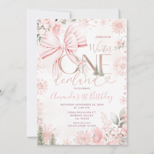 Pink Bow Winter Onederland Floral First Birthday 招待状 (正面)