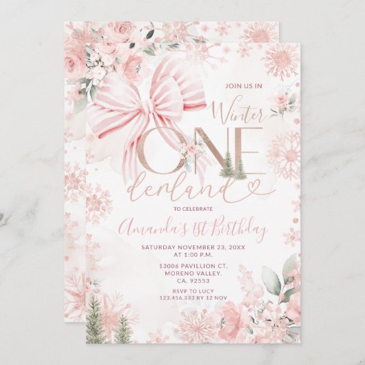 Pink Bow Winter Onederland Floral First Birthday 招待状 (正面/裏面)