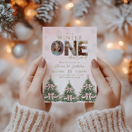 Pink Bow Winter Onederland Girl 1st Birthday Photo 招待状