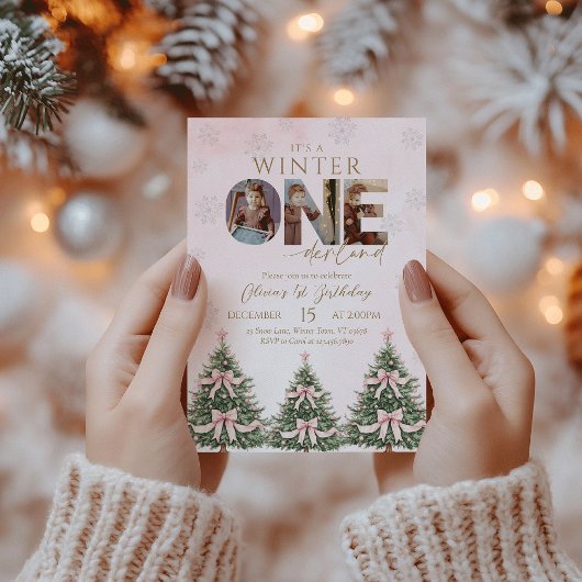 Pink Bow Winter Onederland Girl 1st Birthday Photo 招待状