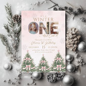 Pink Bow Winter Onederland Girl 1st Birthday Photo 招待状