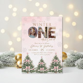 Pink Bow Winter Onederland Girl 1st Birthday Photo 招待状