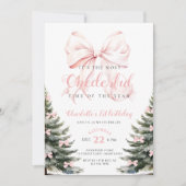 Pink Bow Winter Onerderland Girl 1st Birthday 招待状 (正面)