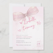 Pink Bow Winter Snowflake Girl 16th Birthday 招待状 (正面)