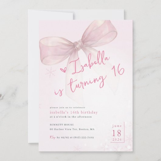 Pink Bow Winter Snowflake Girl 16th Birthday 招待状 (正面)