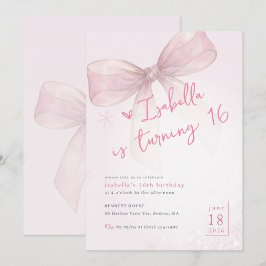 Pink Bow Winter Snowflake Girl 16th Birthday 招待状 (正面/裏面)