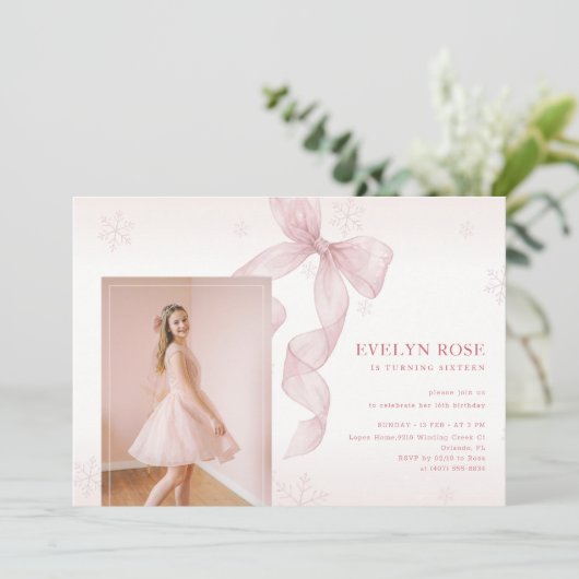 Pink Bow Winter Snowflake Photo 16th Birthday 招待状 (スタンド正面)
