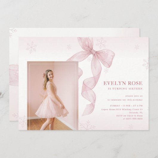 Pink Bow Winter Snowflake Photo 16th Birthday 招待状 (正面/裏面)