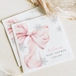 Pink Bow Winter Theme Snowflake Baby Shower スタンダードカクテルナプキン