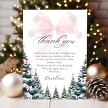 Pink Bow Winter Trees Baby Shower Thank You Card