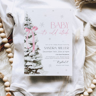 Pink Bow Winter Wonderland Girl Baby Shower 招待状