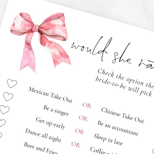 PInk Bow Would She Rather Bridal Shower Game Card 招待状