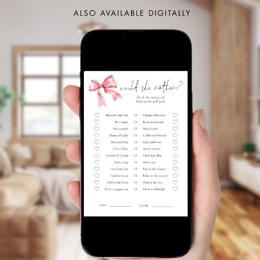 PInk Bow Would She Rather Bridal Shower Game Card 招待状