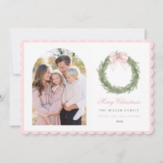 Pink Bow Wreath Christmas シーズンカード (正面)