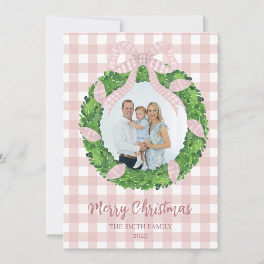 Pink Bow Wreath Christmas Photo Holiday Card シーズンカード (正面)