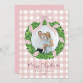 Pink Bow Wreath Christmas Photo Holiday Card シーズンカード (正面/裏面)