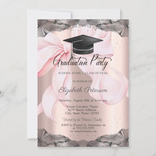 Pink Bow Your Photo Rose Gold Graduation 招待状 (正面)