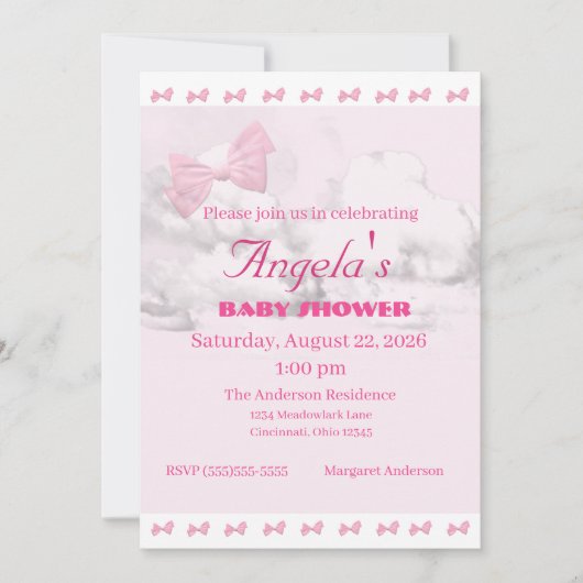 Pink Bows Baby Shower Invitation 招待状 (正面)