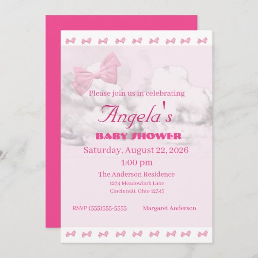 Pink Bows Baby Shower Invitation 招待状 (正面/裏面)