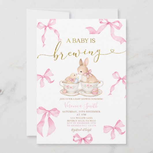 Pink Bows Bunny Tea Party Baby Shower Invitation 招待状 (正面)