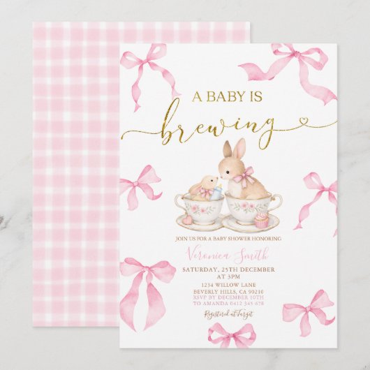 Pink Bows Bunny Tea Party Baby Shower Invitation 招待状 (正面/裏面)