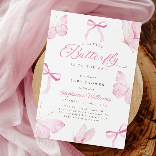 Pink Bows Butterflies Baby Shower Invitation 招待状