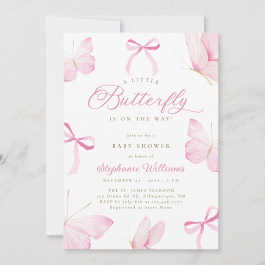 Pink Bows Butterflies Baby Shower Invitation 招待状 (正面)
