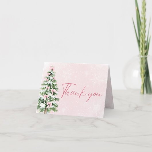 Pink Bows Christmas Tree Winter Thank you card サンキューカード (正面)